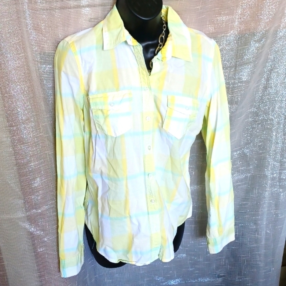 AÉROPOSTALE PLAID BUTTON DOWN, Yellow/Blue/white, fitted, SZ L